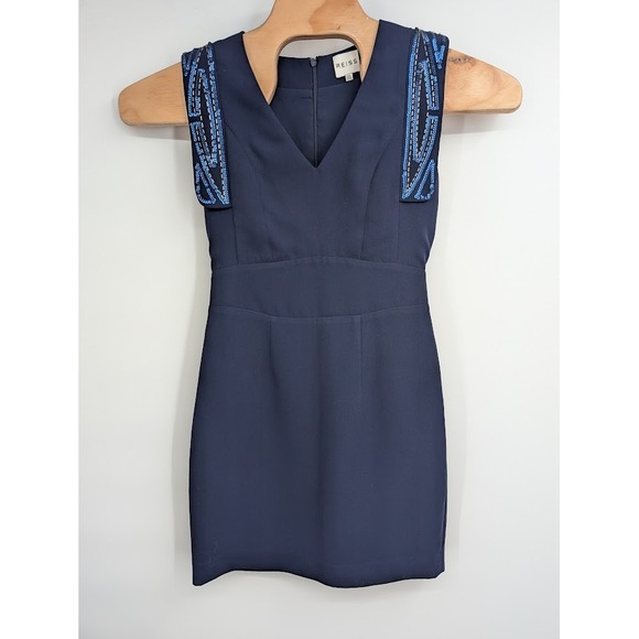 REISS Riviera Short Sleeve Embellished Sequin Bead V-Neck Fitted Mini‎ Dress 4 - Picture 2 of 5